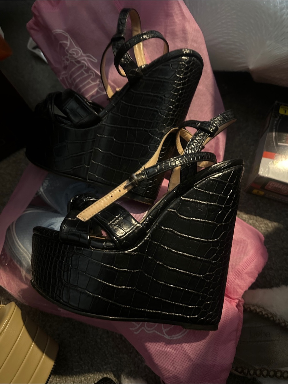 Black Croc-Embossed High Platform Wedge Sandals - Women